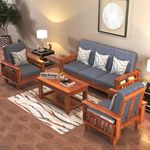 SIGNATURE KRAFT Solid Wooden Sofa Set 5 Seater Sofa with Grey Cushions for Home Furniture | Sheesham Wood Sofa for Living Room 5 Seater Set in Natural Teak Finish