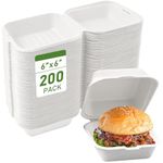 Clamshell Take Out Food Container 200 Pack, 6X6 inch Disposable To Go Boxes For Food, Lunch, Dinner, Meal-Prep, Eco Friendly, Compostable, Biodegradable