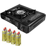 ASAB Portable Camping Gas Cooker Single Burner Stove Automatic Ignition System Enamel Pan Holder Butane BBQ Carry Bag Caravan Outdoor (Black Gas Stove + 8 Canisters)