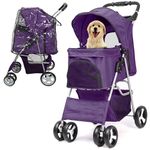 JupiterJX Dog Stroller with Rain Cover, Pet Pram for Small Medium Dogs, Dog Buggy with Storage Basket Cup Holder, Cats Dogs Pushchair, Foldable Pet Pram for Cats Puppies Dogs (Purple with Rain Cover)