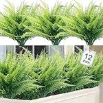 KHOYIME 12 Bundles Artificial Plants for Decor Outdoor Fake Plants Greenery Faux Plant Boston Fern UV Resistant Artificial Flowers Outside Indoor for Home Garden Porch Summer Decor