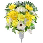 HENOMO Cemetery Flowers with Grave Vases for Headstone, Outdoor Graveside Decor,Florist-Arranged Memorial Bouquet: Artificial Yellow Rose and White Mum Mix Arrangement, Easy Fit