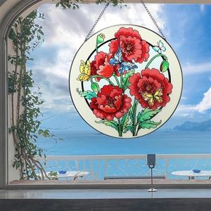 WOHAHA Red Flower Stained Window Hanging Acrylic Panels Indoor Outdoor Round Windows Hanger Kitchen Bedroom Garden Wall Art Decor Gifts for Women Mom Grandma Teacher