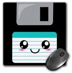 3dRose mp_57456_1 8 x 8 Kawaii Cute Happy Floppy Disk - Retro computer Geek - Anime Smiley cartoon Turquoise Teal label Mouse Pad