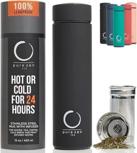 Pure Zen Tea Thermos with Infuser - Stainless Steel Insulated Tea Infuser Tumbler for Loose Leaf Tea, Iced Coffee and Fruit-Infused Water - Leakproof Tea Tumbler With Infuser - 15oz - Black