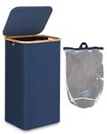 efluky Laundry Hamper with Lid, 100L Tall Laundry Basket with Bamboo Handles for Clothes and Toys, Collapsible Laundry Hamper with Inner Bag for Bedroom and Bathroom, Blue