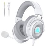 EKSA E900Pro Gaming Headset for PC PS5 PS4, Wired Headphones with Detachable Noise Cancelling Mic, 7.1 Surround Sound, USB&3.5mm Cable, LED Light, Over-Ear USB Gaming Headphones for Xbox One (White)