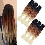 blonde braiding hair braids extensions braun to blonde hair 6 Packs Kanekalon Braiding Hair Ombre Jumbo Braids Hair Extensions 24 Inch 3 Tones Crochet Braids 100g（Black to Brown to Blonde)