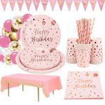 Pink and Gold Party Supplies Pink Birthday Plate Happy Birthday Party Cutlery Include Party Plate Napkins Cup Straws Tablecloths for Baby Shower Girls Ladies Birthday Party (Pink Serves 16)