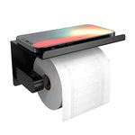 Self Adhesive Toilet Paper Holder with Phone Shelf, Wall Mounted Toilet Paper Roll Holder, Rustproof Bathroom Washroom Tissue Roll Holder with Shelf, Toilet Paper Roll Dispenser- Matte Black