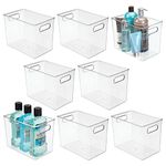 mDesign Plastic Deep Bathroom Storage Bin with Handles for Organizing Soaps, Shampoos, Conditioners, Body Wash, Serums, Oils, Supplements, Hair Styling Accessories, Ligne Collection - 8 Pack - Clear