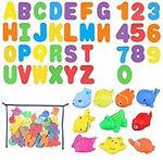 FRIUSATE 46 Pcs Baby Bath Toys, 36 Foam Letters and Numbers, 10 Bath Squirter Toys Bath Animals with Bath Toy Storage Organiser Bag, Bathroom Shower Toys Floating Toys, Sticks on Tiles