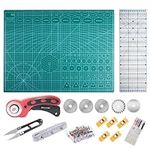 A2 Cutting Mat Set Fabric Cutter Tool Kit with 60x45cm Non Slip Cutting Board, Rotary Cutter with 5 Blades, 45x15cm Patchwork Ruler, Needles, Clips & Pins for Sewing Scrapbooking Leather Dressmaking