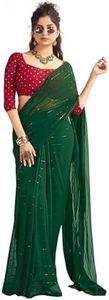 SIRIL Women's Georgette Sequence Work Saree with Unstitched Blouse Piece, Dark Green