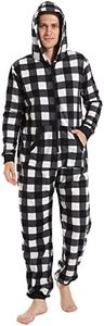 Focupaja Unisex Check Onesie Christmas Zip Up Matching Onesie Hooded Pajamas One Piece Non-Footed Jumpsuit Adult Teenager, C1-Black White Check, Large