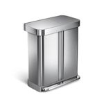 simplehuman 58 Litre / 15.3 Gallon Rectangular Hands-Free Dual Compartment Recycling Kitchen Step Trash Can with Soft-Close Lid, Brushed Stainless Steel