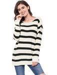 Allegra K Women's Round Neck Drop Shoulder Tunic Striped Sweater White Small