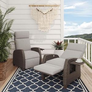 Grand patio Outdoor Reclining Chairs with Extended Footrest 2-Piece Adjustable Patio Wicker,Lounge Recliner up to 150° with Flip Side Table, Mist Grey