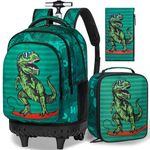 3PCS Dinosaur Rolling Backpack for Boys,Cute Kids School Bag with Wheels. Water Resistant Roller Bookbag Set for Elementary Preschool - Green