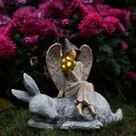 Lewondr Angel Garden Statue, Sympathy Solar Garden Decor with Warm Light, Waterproof Angel Statue with Rabbit Flowers, Indoor Outdoor Garden Decor Sculpture for Lawn Yard Patio Cemetery