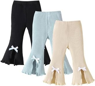 SOBOWO Flare Toddler Pants Leggings 3 Pack Solid Ribbed Ruffle Bell Bottoms Pants Fall Winter Outfits(Black/Blue/Beige, 18-24 Months)