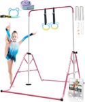 YOUTIFUN Gymnastics Bar, Kids Gym Equipment 5 Level Height Adjustable Pull Up Horizontal Gymnastic Bar, Gymnastics Equipment for Home for Girls & Boys (Light Pink + Regular Rings)