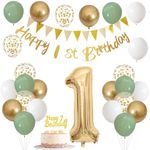 1st Birthday Decorations for Boys Girls, Sage Green White Gold Birthday Balloons with Happy 1st Birthday Banner First Birthday Cake Decoration Number 1 Balloon for Baby 1 Year Old Birthday Party Decor