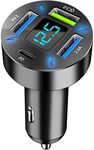 4 Port Car Charger Adapter 50W QC3.0 & PD Car Cigarette Lighter Outlet with LED Voltmeter Phone Charger for iPhone, Android, Samsung, iPad Pro