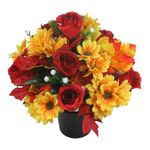 Artificial Grave Flower Arrangement with Red Roses, Yellow Mini Gerbera and Autumn Leaves 25cm Long Lasting Outdoor Arrangement