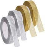 Metallic Glitter Ribbon Golden and Silvery 4 Roll (L= 100 W= 0.5 inch) Yards for Holiday,christmas Wedding Party Decoration Gift Wrapping(Half INCHES) Total Metallic Glitter Ribbon for Gift Wrapping Birthday Holiday Graduation Party Decoration (Golden, Silvery