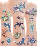 YanZonic 210Pcs Ocean Life Temporary Tattoos - Shark Tattoos Temporary for Kids, Whale Jellyfish Octopus Tattoo Non-Toxic, Under the Sea Party Decorations, Aquatic Marine,18 Sheets