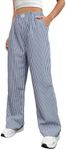 OYOANGLE Women's Straight Wide Leg Trousers Striped Print Letter Patched Detail High Waist Y2K Fashion Pants Dark Blue X-Small