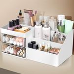 Makeup Organizer, Cosmetic Desk Storage Box with Drawers Skincare Organizers for Dressing Table, Countertop, Bathroom Counter, Vanity Holder for Brushes, Lotions, Lipstick, Perfume (White-Clear)