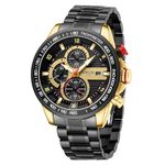 NIBOSI Watch For Men Analog Quartz Chronograph Men Watch Business Sport Military 3Atm Stainless Steel Casual Wrist Watch With Calendar Elegant Gift For Men, Gold Dial, Black Band