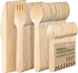 MATANA - 400 Mini Disposable Wooden Cutlery Set Eco-Friendly 100% Natural Wood - 100 Forks, 100 Knives, 100 Spoons, 100 Teaspoons - Biodegradable & Compostable