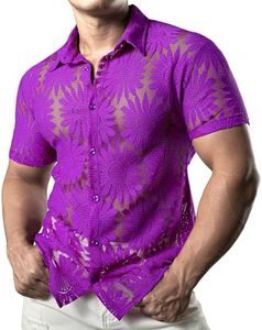 JOGAL Camisa para hombre transparente de manga corta para hombre, camisa de encaje informal para verano, camiseta de encaje, Flor de sol púrpura, XXL