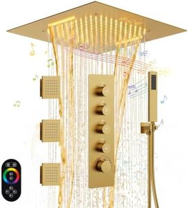 GRANDJOY Luxury LED Shower System, Bluetooth Music 20" Ceiling Mount Shower Head with 3 Body Jets & Handheld Spray, Brushed Gold