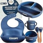 COOPY® Silicone Baby Weaning & Toddler Feeding Set | Plate & Bowl with Suction | Silicone Adjustable Bib, Sippy Cup, Bamboo Fork & Spoon | Microwave Safe & BPA Free | Easy to Clean | BLW (Dark Blue)