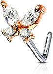 FIFTH CUE 20G CZ Butterfly 316L Surgical Steel L Bend Stud Nose Ring (Rose Gold/Steel)