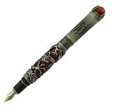 Jinhao Dragon King Fountain Pen Fine Nib intricate Designe Vintage Silver Red with Jewelry on Top and Pen Pouch