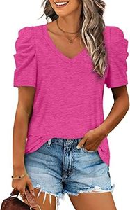 LCXWFE Womens Casual V Neck T Shirt Puff Sleeve Tops Ruched Elegant Summer Shirts