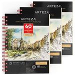 ARTEZA 14 x 21.6 cm Mixed Media Sketch Book, 3 Pack, 180 Sheets Total, 180 GSM, Micro-Perforated, Spiral-Bound Pad, for Wet and Dry Media