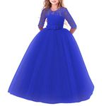 Flower Girls Lace 3/4 Sleeve Dress Wedding Bridesmaid First Communion Evening Party Floor Length Dress Kid Toddler Princess Pageant Birthday Prom Carnival Christmas Ball Gown Royal Blue 13-14 Years