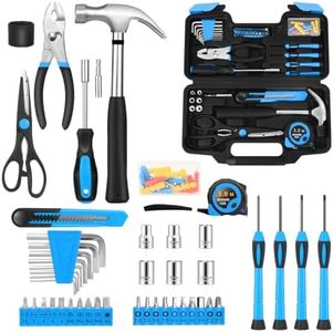 HANGYING 132-Piece Household Hand Tool Set, Blue Tool Kit with Storage Case | Basic Home Tool Set with Plastic Toolbox, General Small Tool Kit for Home Repairs, Daily DIY, Office and College Dorm Use