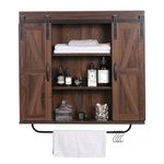 RUSTOWN Rustic Wood Wall Storage Cabinet with Two Sliding Barn Door, 3-Tier Decorative Farmhouse Vintage Cabinet for Kitchen Dining, Bathroom, Living Room, Dark Walnut