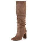 Adolilove Knee High Boots for Women 3 IN Block Heel Faux Suede Slouchy Boots Elegant and Comfortable Tall Boots with Round Toe, Tan, 8.5