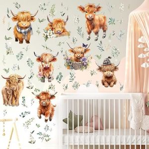 Yinder 12 Sheet 78 Pcs Bear Highland Cow Wall Decals Baby Wall Decals Cute Bear Highland Cow Wall Sticker Nursery Baby Wall Decor for Kids Girls Boys Baby Room Bedroom (Eucalyptus Leaf Cow)