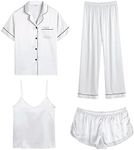 SWOMOG 4pcs Pyjama Set for Women Silk Satin Pyjamas White Satin Pjs Soft and Comfy Loungewear Set