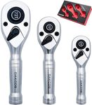 DAKCOS Stubby Reversible Ratchet Set 1/4" 3/8" 1/2" 3pc Drive Ratchet Wrenches with 72 Teeth CR-V matt Ratchet Stubby Handle Quick Release