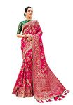 Monjolika Fashion Women's Banarasi Silk Blend Woven Zari With Tussles Saree and Unsttiched Blouse Piece (37765 color) (Rani Pink)